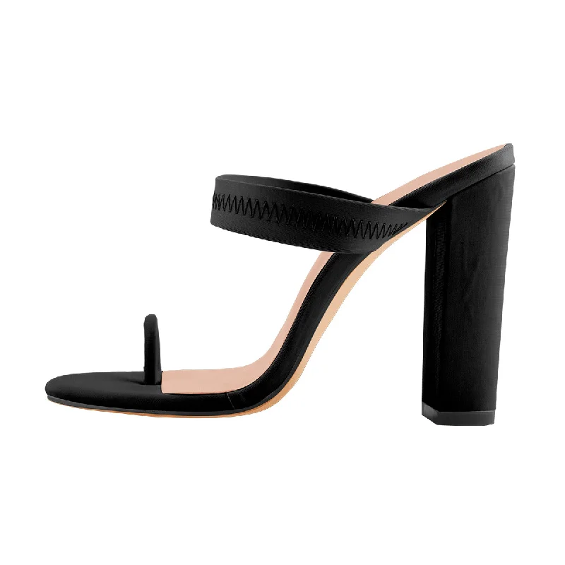 Men's sandals with a toe post design Black Chunky High Heel Mules Toe Ring Sandals