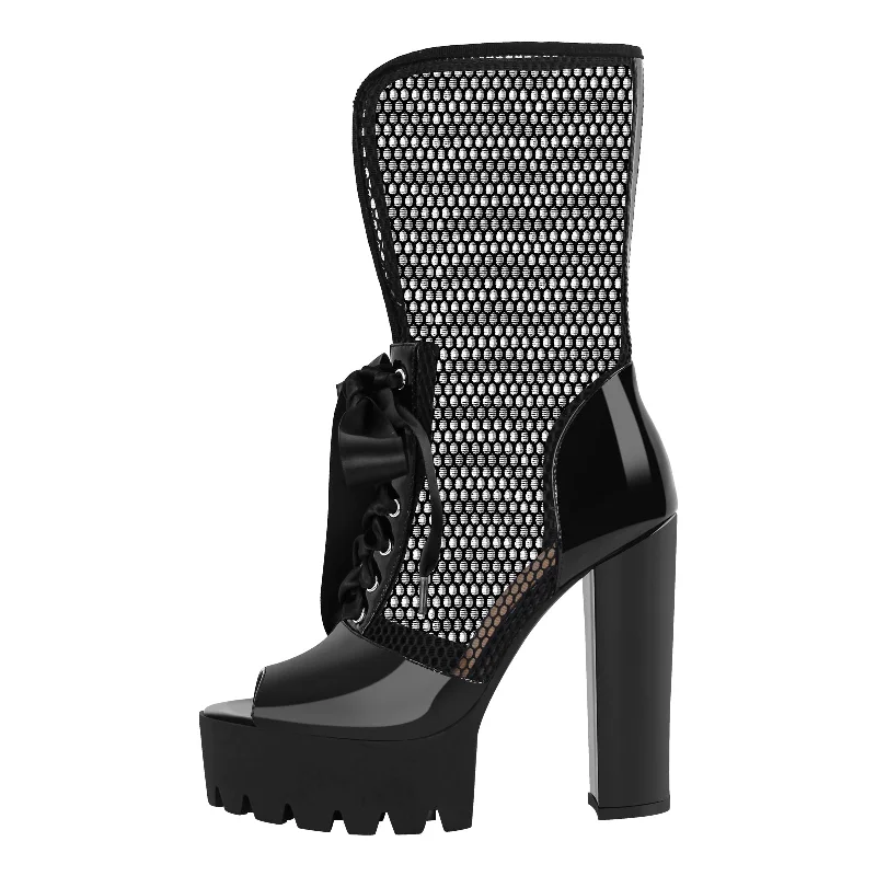 Men's sandals with a decorative buckle or charm Peep Toe Mesh Platform Lace-up Boots Sandals