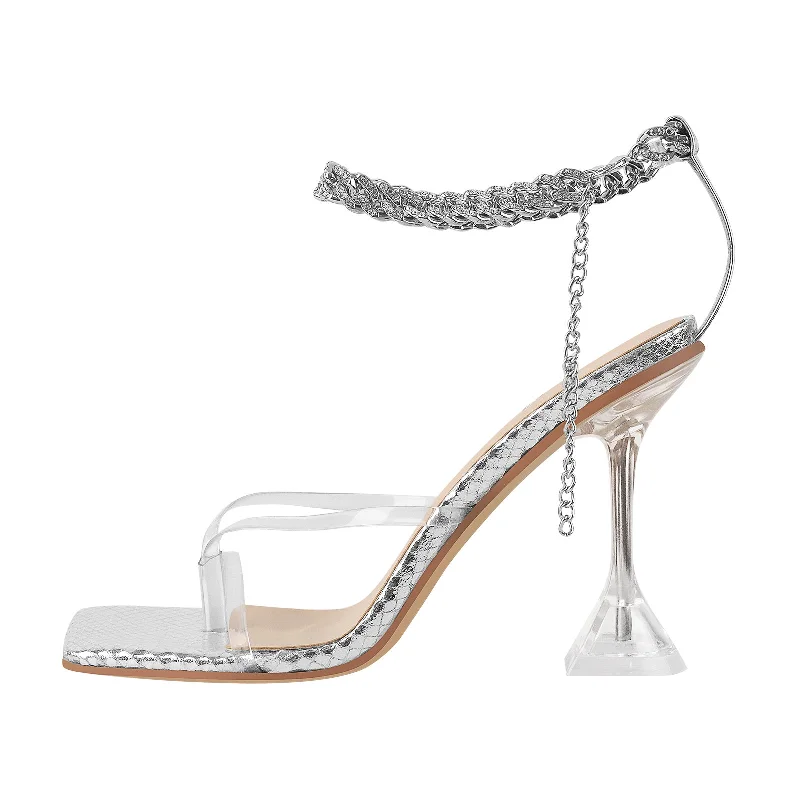 Men's sandals with a buckle closure Silver Square Toe Metal Chain Tapered Heel Sandals Men's sandals with a buckle closure Silver Square Toe Metal Chain Tapered Heel Sandals