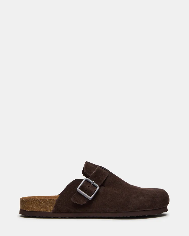 Men's sandals with a decorative buckle or charm WILDERR CHOCOLATE BROWN SUEDE