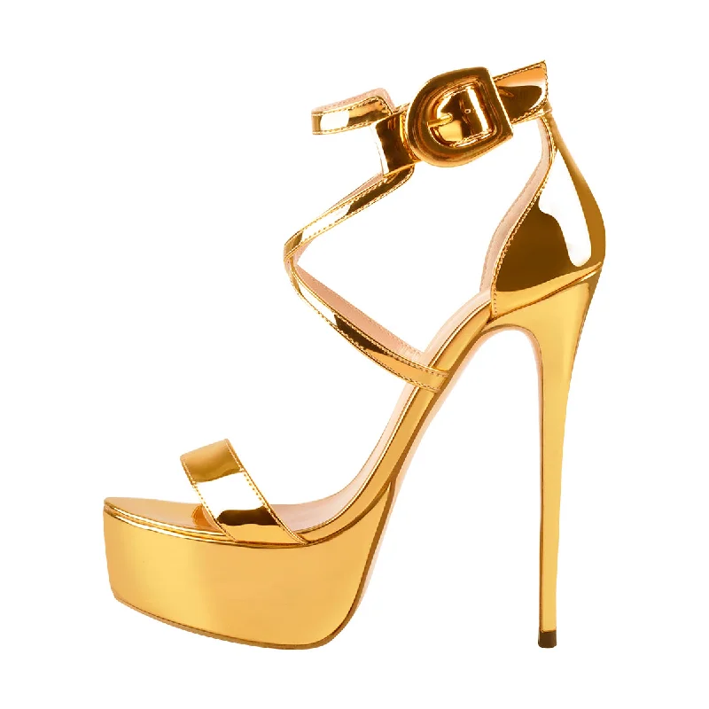 Men's sandals with a padded heel Gold Patent Leather Platform Stiletto Crisscross Ankle Strap Sandals