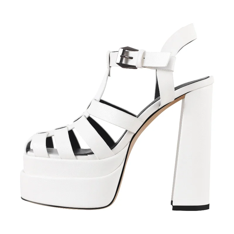 Flip - flop style men's sandals for beach wear White Platform Chunky High Heel Hollow Out Strappy Sandals