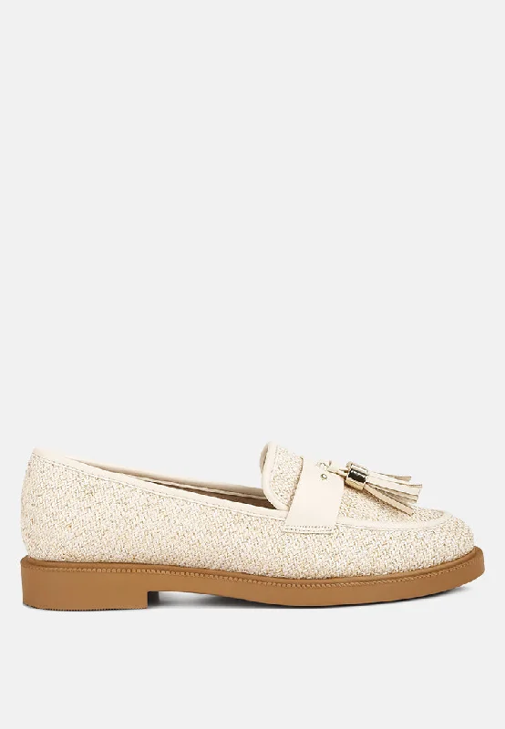 Women's Metallic Foil - Finish Loafers in Gold for a Glamorous Night Out Foxford Tassle Detail Raffia Loafers Women's Metallic Foil - Finish Loafers in Gold for a Glamorous Night Out Foxford Tassle Detail Raffia Loafers