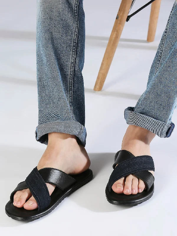 Men's leather sandals with an adjustable strapMen's leather sandals with an adjustable strapPrivo Dark Blue Denim and Black Casual Sandals For Men