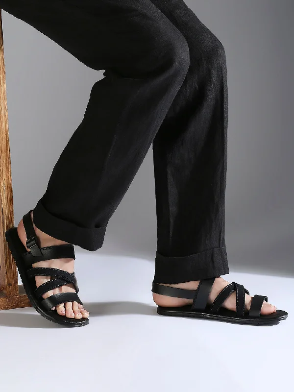 Men's sandals in a neutral color like black or brownMen's sandals in a neutral color like black or brownPrivo Denim and Black Striped Casual Sandal For Men