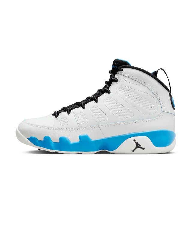 Men's soccer - inspired sneakers with a studded soleAir Jordan 9 Retro - Summit White / Black-Dk Powder Blue Men's soccer - inspired sneakers with a studded soleAir Jordan 9 Retro - Summit White / Black-Dk Powder Blue