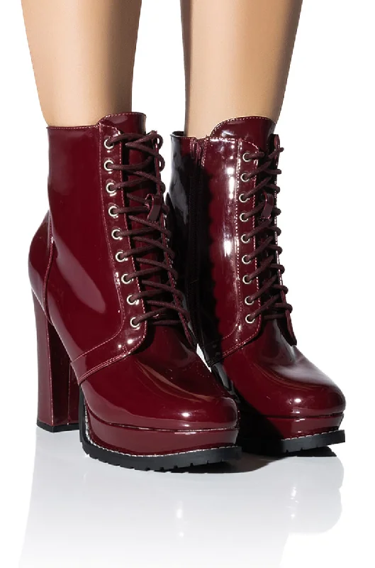 women's suede bootiesAZALEA WANG FREDDIE CHUNKY LACE UP BOOTIE IN BURGUNDY