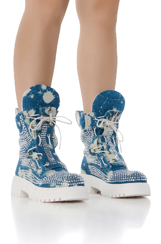 women's suede bootiesAZALEA WANG HARLYN DENIM AND DIAMONDS COMBAT BOOTIE