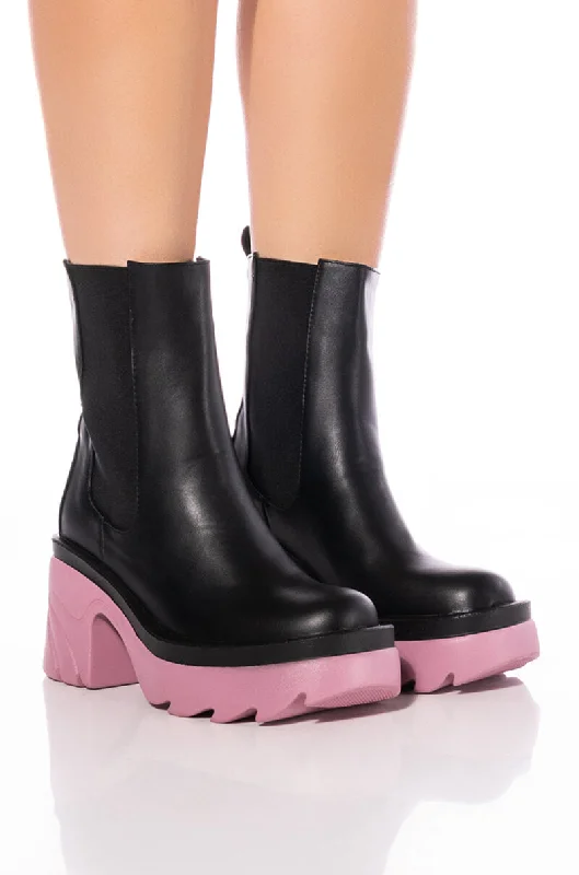 women's booties for travelAZALEA WANG PRIMROSE PURPLE SOLE CHUNKY BOOTS IN BLACK