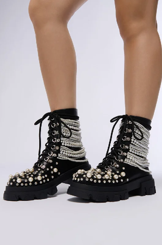 women's booties for rainy daysAZALEA WANG TWINKLEY BLACK PEARL EMBELLISHED COMBAT BOOTIE