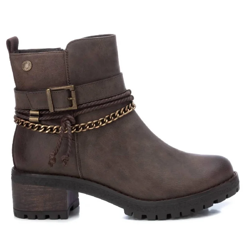 women's booties with unique strapsWomen's Side Zipper Booties In Taupe